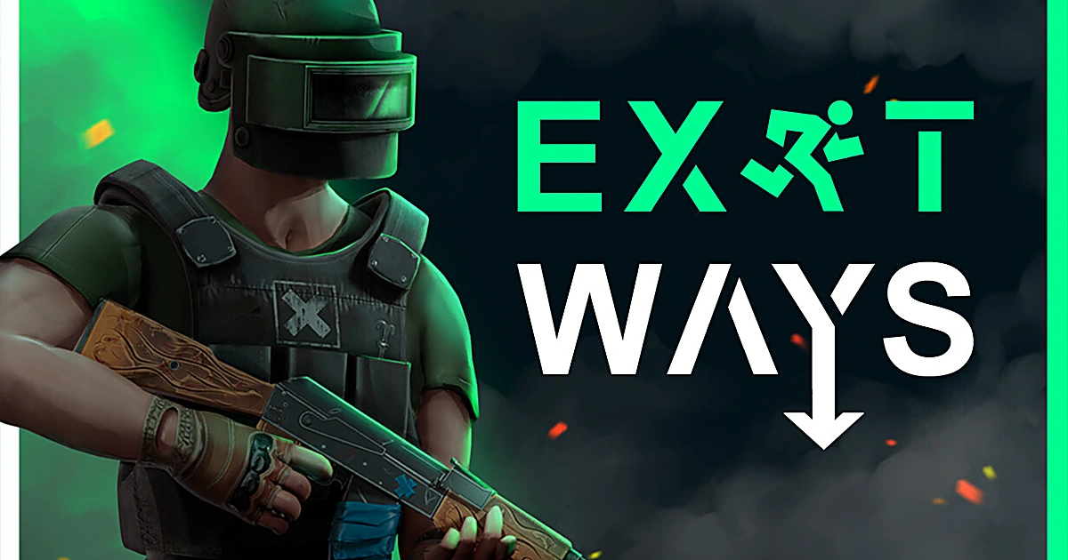 ตัวละครสวมหมวกปิดหน้าถือปืนลูกซองข้างโลโก้ EXIT WAYS สีเขียวขาว