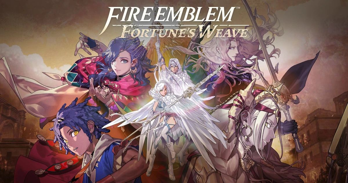 ภาพวาดกลุ่มตัวละครและโลโก้ Fire Emblem Fortune's Weave บนพื้นหลังสีทอง
