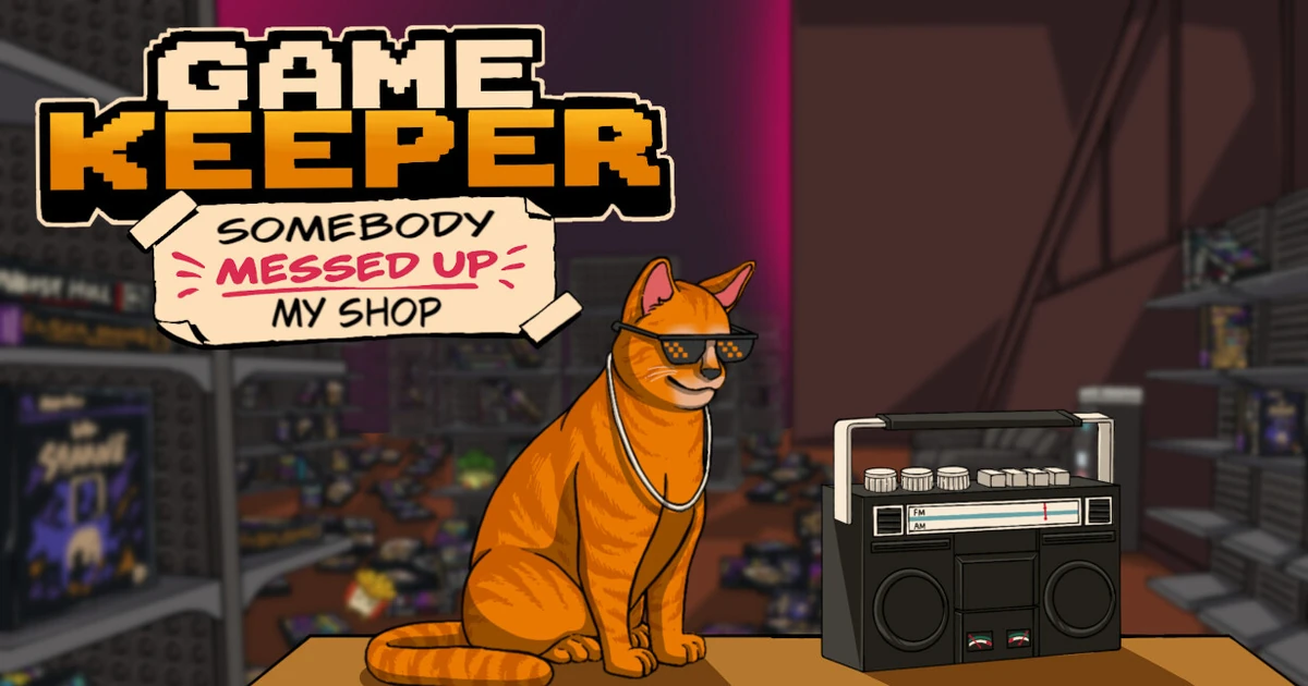 คีย์อาร์ต Game Keeper มีชื่อเกม แมวสีส้มใส่แว่นดำ และวิทยุในร้านเกม