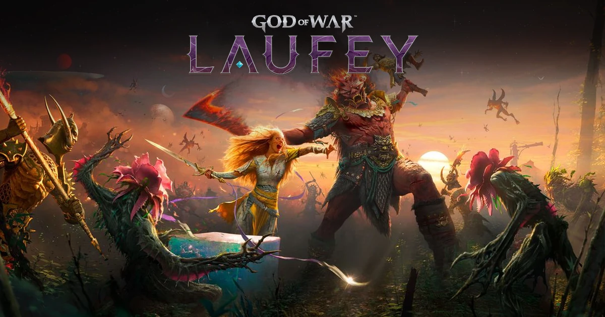 God of War Laufey ภาพนักรบหญิงถือดาบเผชิญศัตรูร่างใหญ่ พร้อมโลโก้เกม