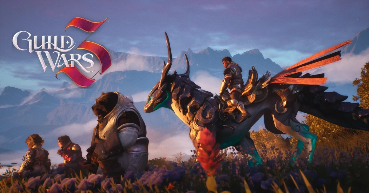 ภาพคีย์วิชวลทางการของเกม Guild Wars 3 แสดงกลุ่มตัวละครเผ่า Kodan, Human, Asura และสัตว์ขี่ในดินแดน Orr