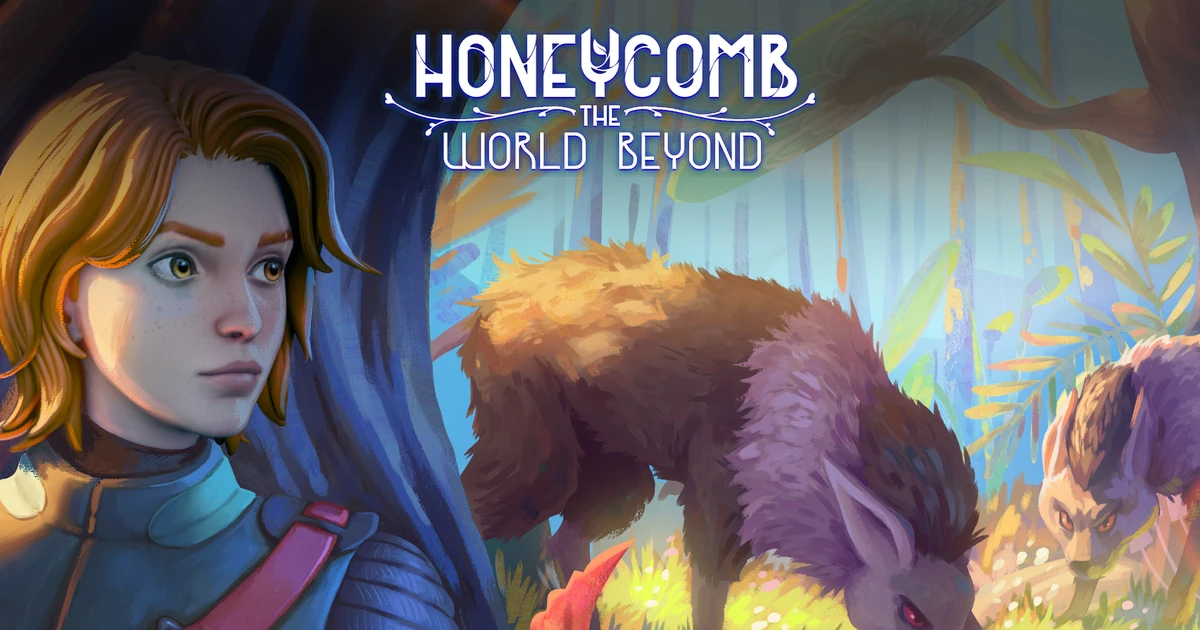 อาร์ต Honeycomb กับตัวละครผมแดงและสัตว์ขนฟูในป่า พร้อมชื่อเกม Honeycomb The World Beyond