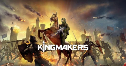 ภาพคีย์อาร์ตทางการเกม Kingmakers ทหารโมเดิร์นบนหลังม้าถือปืนไรเฟิลประจันหน้าอัศวินยุคกลาง