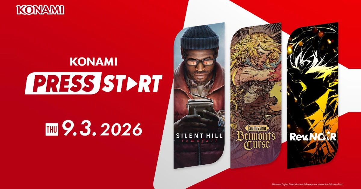 ภาพคีย์วิชวลทางการของงานถ่ายทอดสด KONAMI PRESS START 2026 รวมข้อมูลเปิดตัวเกมใหม่และอัปเดตของค่าย