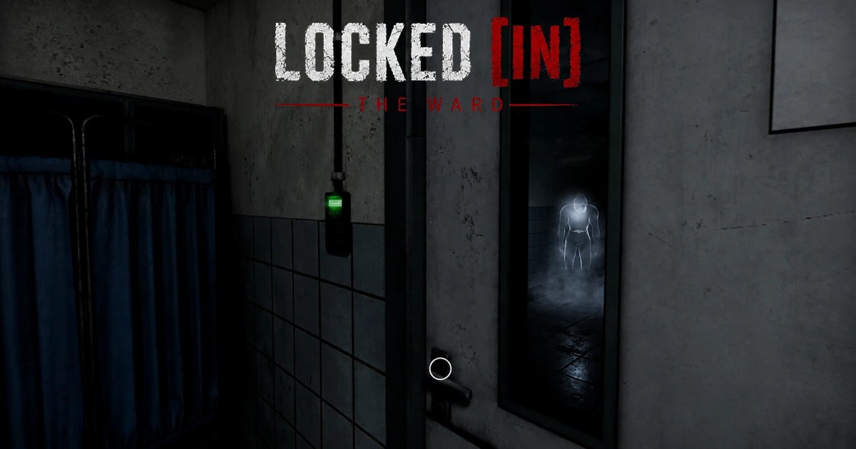 ภาพปก Locked In: The Ward พร้อมโลโก้เกมและเงาร่างเรืองแสงหลังประตูในอาคารมืด