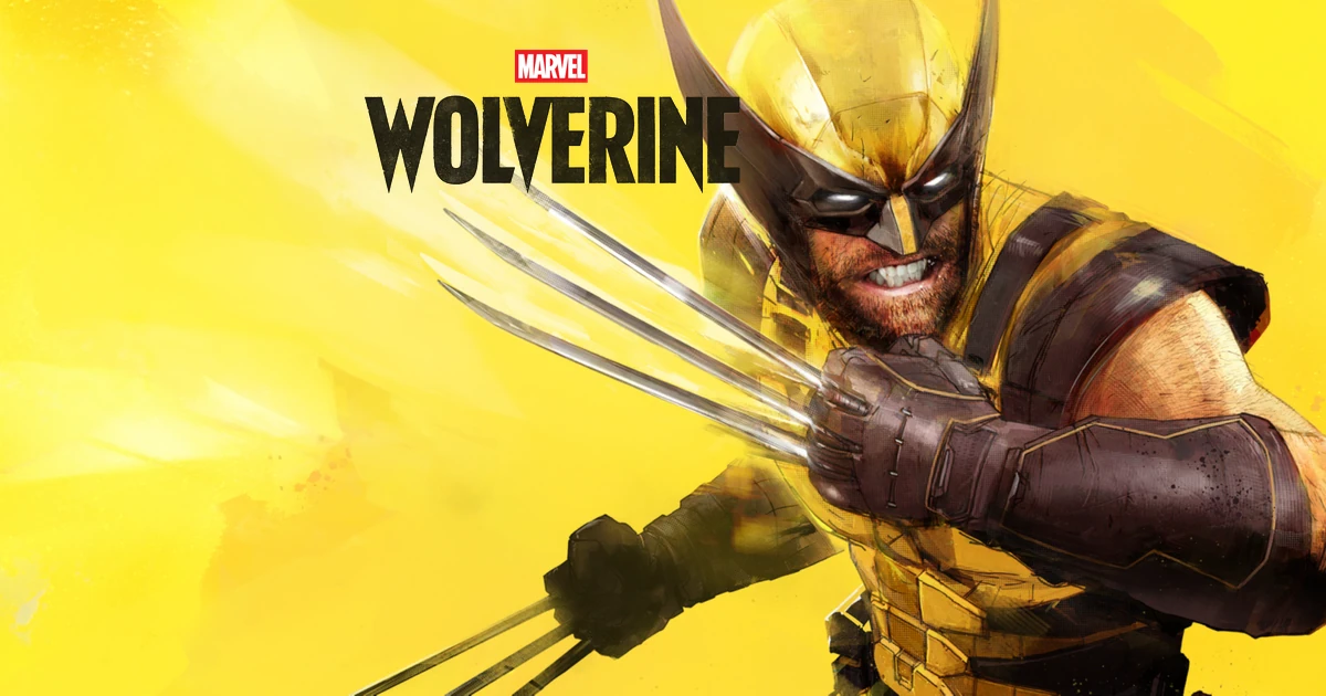Marvel Wolverine PS5 ภาพตัวละครชุดเหลืองชูกรงเล็บบนพื้นเหลืองพร้อมโลโก้เกม
