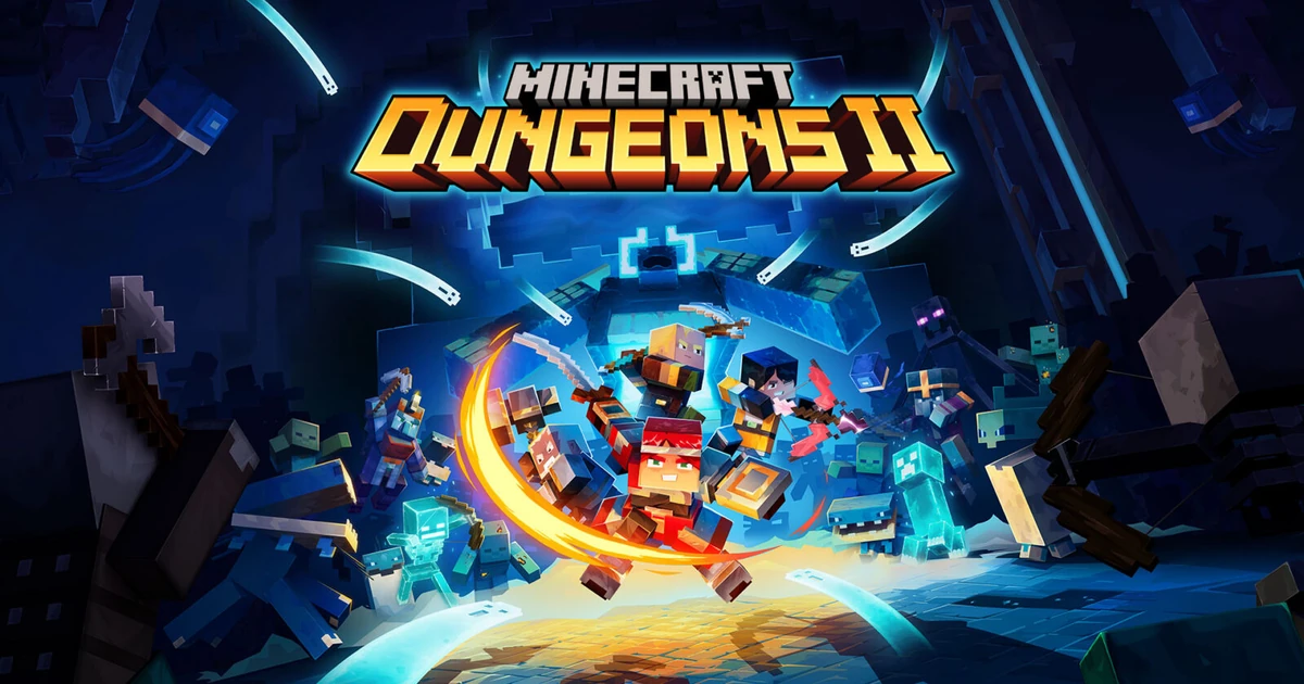 ภาพวาดนักผจญภัยต่อสู้กับมอนสเตอร์ใต้โลโก้ Minecraft Dungeons II ในดันเจี้ยนสีฟ้า
