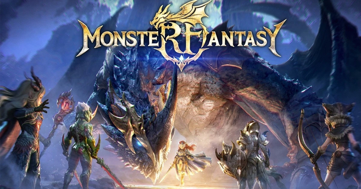 ภาพคีย์อาร์ตทางการแสดงโลโก้เกม Monster Fantasy มังกรยักษ์ และฮันเตอร์ 4 สายอาชีพ