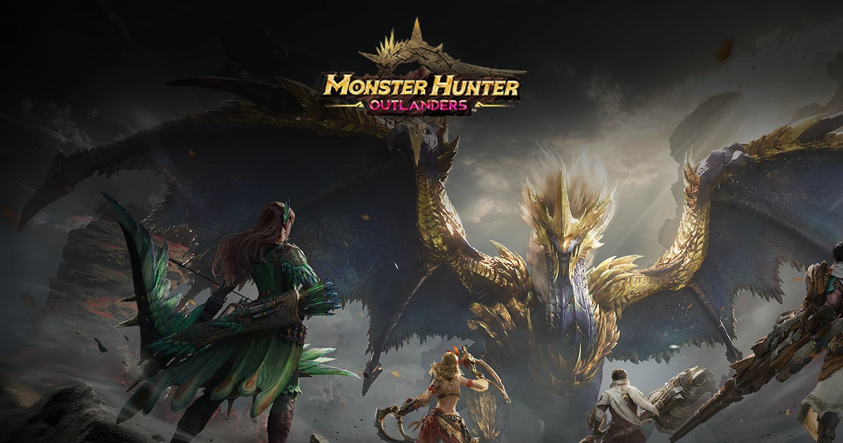 Monster Hunter Outlanders ภาพนักล่าเผชิญมังกรขนาดใหญ่พร้อมโลโก้เกม