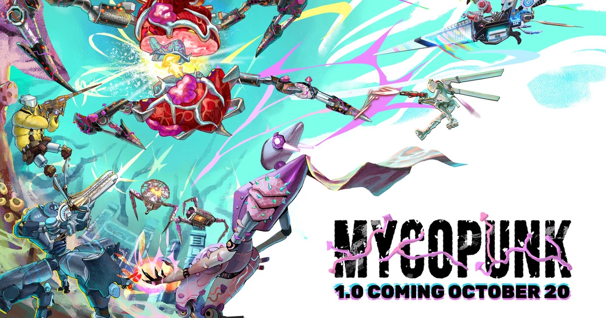 ภาพโปรโมต Mycopunk มีหุ่นยนต์ต่อสู้กับสิ่งมีชีวิตเชื้อรา พร้อมข้อความ 1.0 Coming October 20
