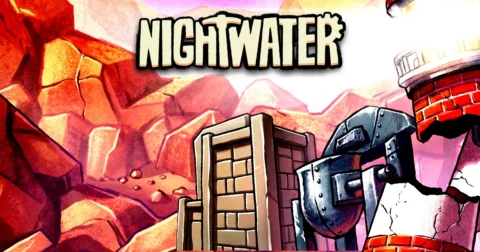 ชื่อ Nightwater เหนือภูมิประเทศหินสีส้มและโครงสร้างเครื่องจักร มีประภาคารอยู่ด้านขวา