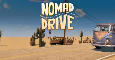 โลโก้ Nomad Drive เหนือถนนทะเลทราย มีรถตู้เก่าทางขวาและกระบองเพชรข้างทาง