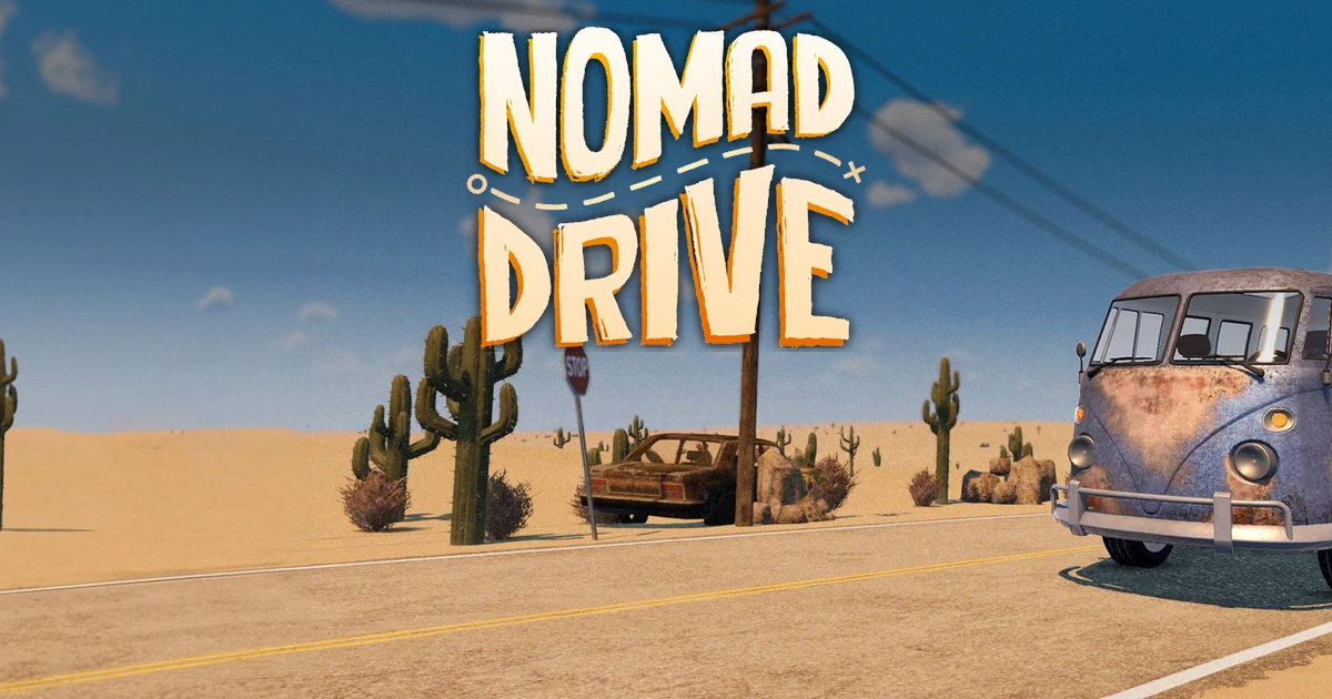 โลโก้ Nomad Drive เหนือถนนทะเลทราย มีรถตู้เก่าทางขวาและกระบองเพชรข้างทาง
