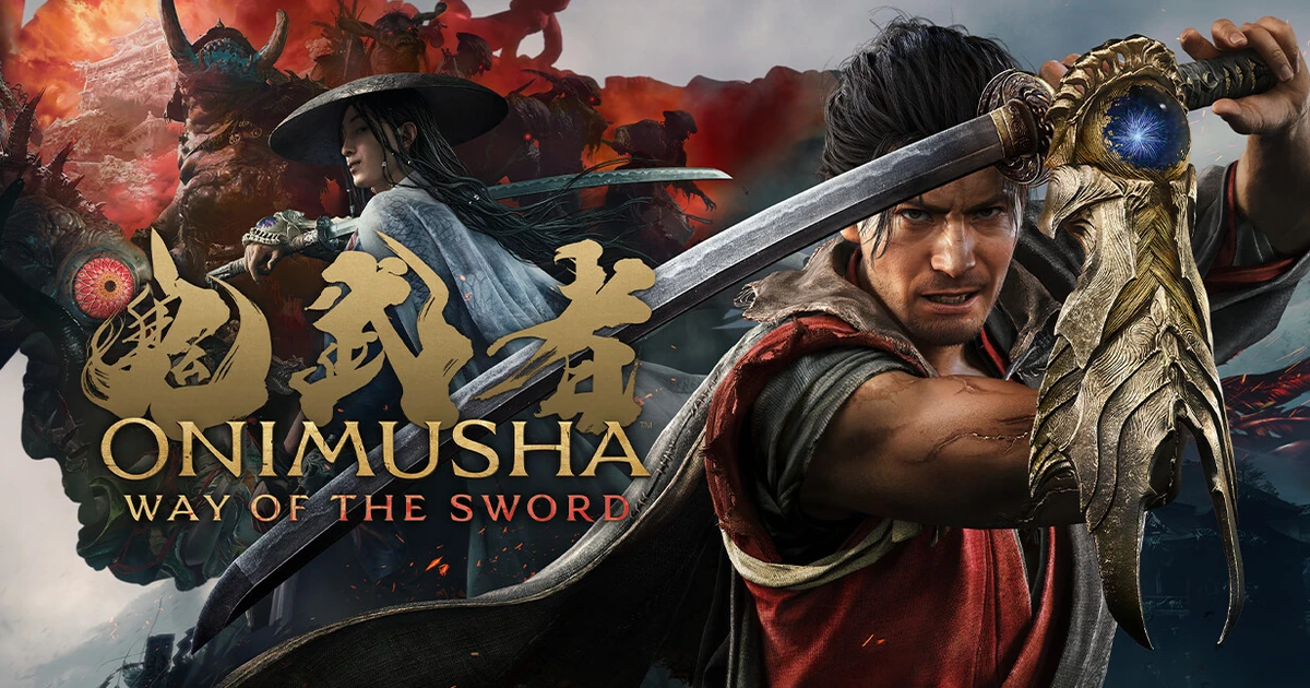 ภาพคีย์อาร์ตทางการ Onimusha: Way of the Sword บน Steam มิยาโมโตะ มูซาชิ ชักดาบคาตานะและปลอกแขนปีศาจ