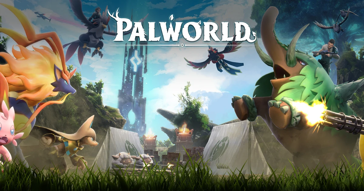 โลโก้ Palworld เหนือกลุ่มสิ่งมีชีวิตและหอคอยกลางภูมิประเทศสีเขียว