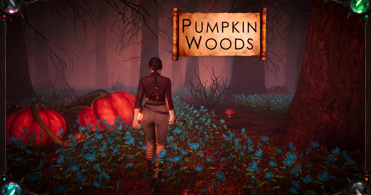ตัวละครยืนข้างฟักทองยักษ์ในป่า พร้อมโลโก้ Pumpkin Woods