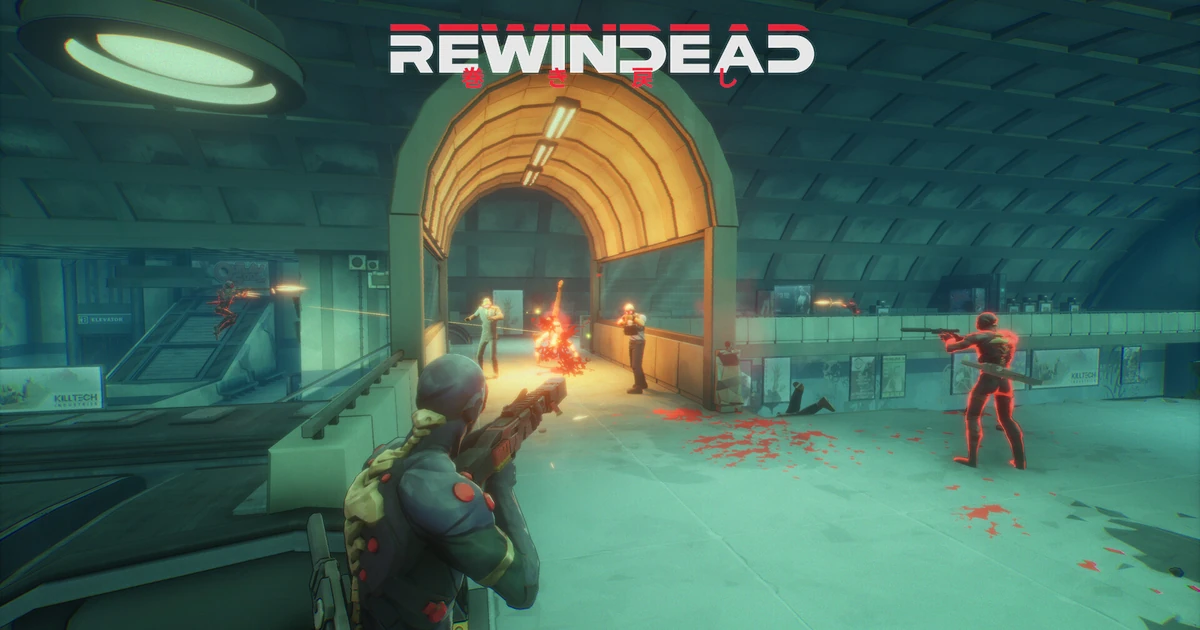 โลโก้ Rewindead เหนือตัวละครถือปืนในโถงอาคารที่มีร่างหลายคน