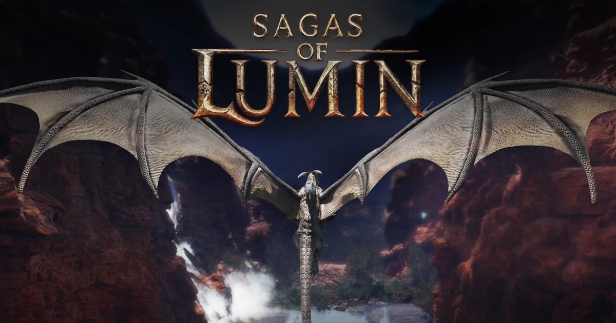 มังกรกางปีกบินผ่านหุบเขาหินใต้โลโก้ Sagas of Lumin บนคีย์อาร์ตทางการ