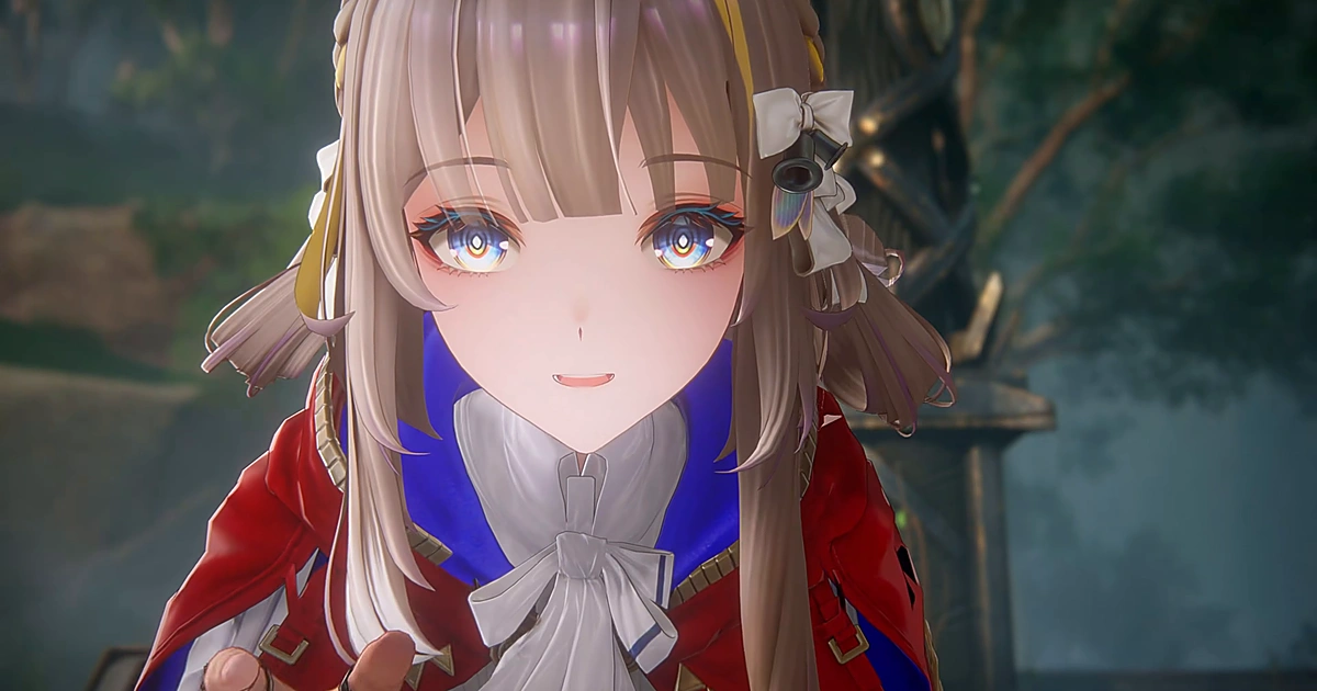 ตัวละครหญิงในเกม Sleepless Wilds กำลังยิ้มพร้อมดวงตาส่องประกายสีสันในตัวอย่างทางการ