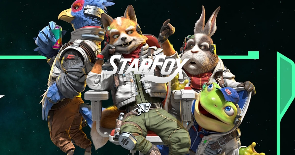 ทีม Star Fox สี่ตัวกับโลโก้เกมสีขาวบนพื้นหลังอวกาศสีเข้ม
