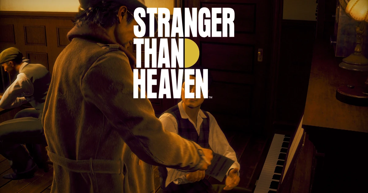 ภาพ STRANGER THAN HEAVEN ชายถือกระดาษหน้าเปียโนพร้อมโลโก้เกมทางการ