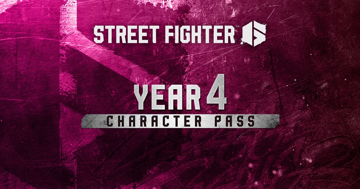 ชื่อ Street Fighter 6 และข้อความ Year 4 Character Pass สีขาวเงิน อยู่กลางภาพพื้นหลังลายกราฟิกสีชมพูม่วง