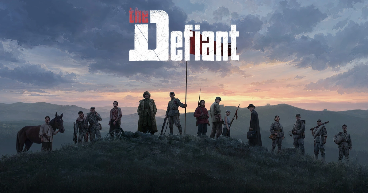 โลโก้ The Defiant อยู่เหนือกลุ่มตัวละครและธงสีแดงในภาพปกจาก Steam
