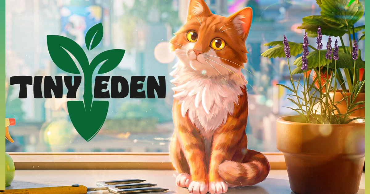 คีย์อาร์ต Tiny Eden จาก Steam แสดงแมวสีส้มนั่งข้างกระถางต้นไม้ริมหน้าต่าง พร้อมโลโก้เกมทางซ้าย