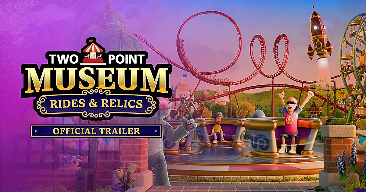 ภาพคีย์อาร์ตทางการแสดงโลโก้เกม Two Point Museum Rides & Relics ป้ายชิงช้าสวรรค์ และอาคารพิพิธภัณฑ์