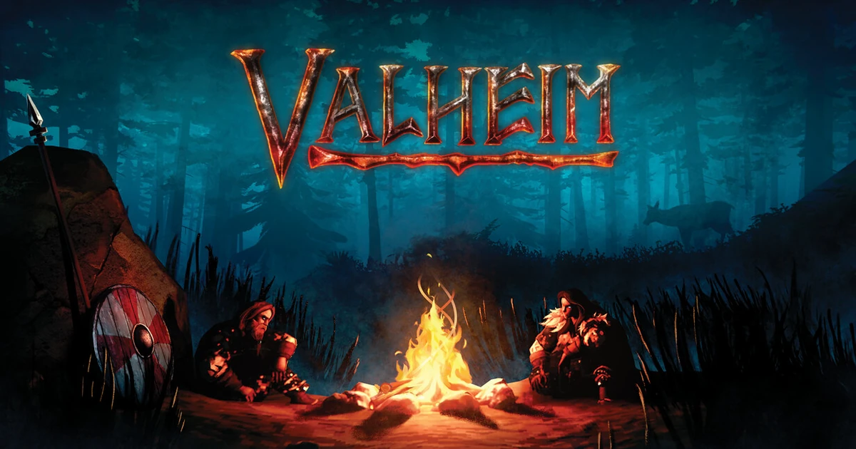 โลโก้ Valheim เหนือนักรบข้างกองไฟกลางป่าสีฟ้า