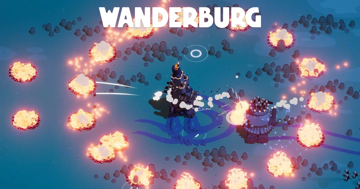 โลโก้ Wanderburg อยู่เหนือปราสาทสองหลังที่ต่อสู้กันกลางวงระเบิดบนพื้นที่สีน้ำเงิน