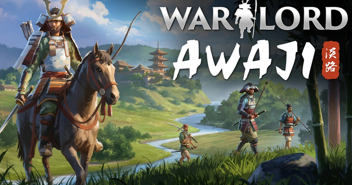 อาร์ต Warlord Awaji จาก Steam แสดงซามูไรขี่ม้าและนักรบข้างแม่น้ำ