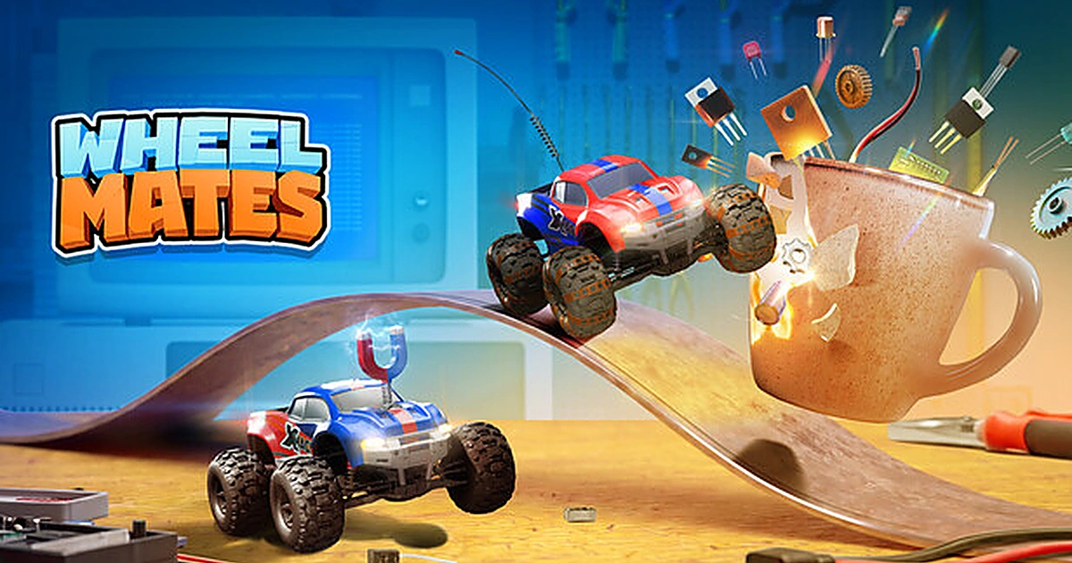 ภาพคีย์อาร์ตทางการของเกม WheelMates แสดงรถบังคับวิทยุสองคันบนรางไม้ในห้องทดลอง