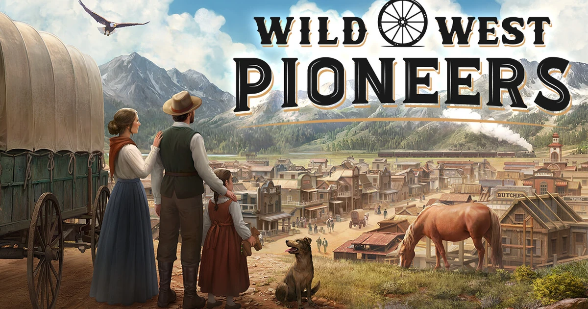 ภาพปก Wild West Pioneers ครอบครัวยืนข้างรถม้ามองเมือง มีโลโก้เกมด้านบน