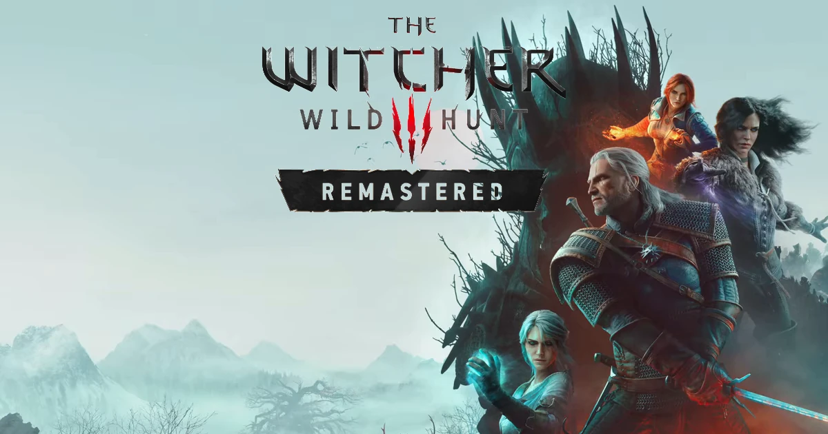 โลโก้ The Witcher Wild Hunt Remastered อยู่เหนือกลุ่มตัวละครสี่คน มีชายผมขาวสวมชุดเกราะด้านขวา