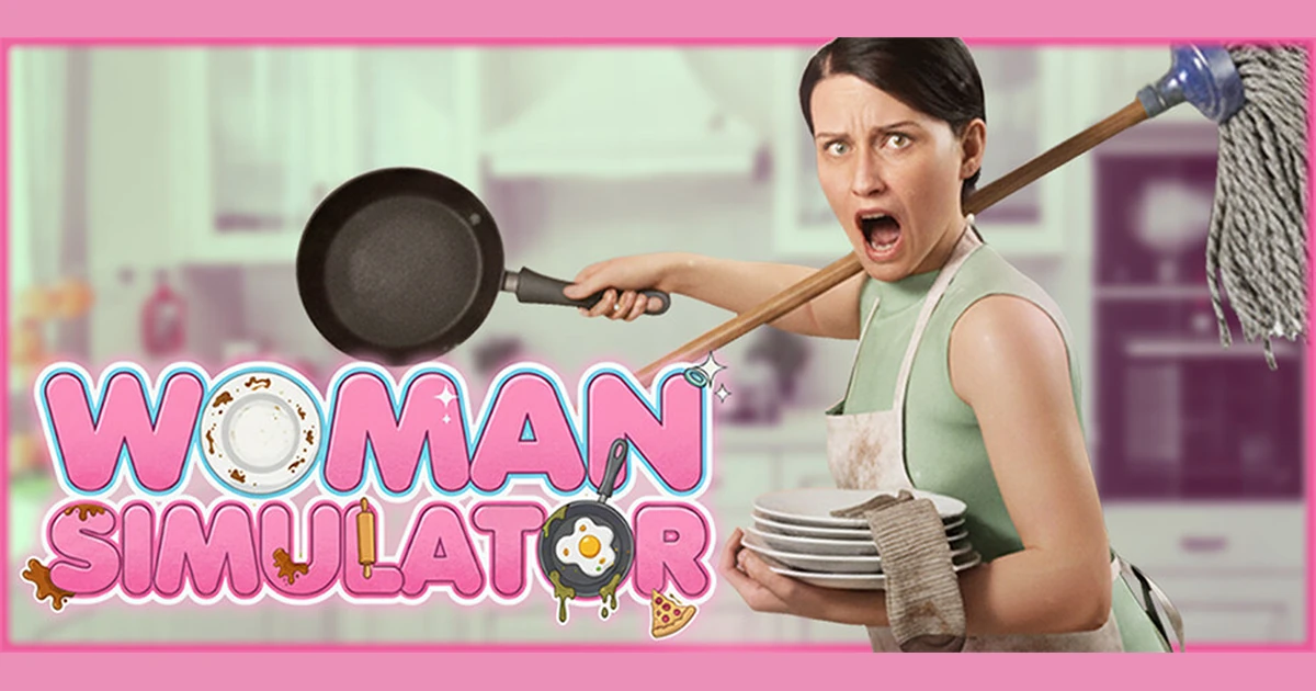 ภาพปก Woman Simulator แสดงตัวละครถือกระทะ ไม้ถูพื้น และจาน พร้อมโลโก้เกม