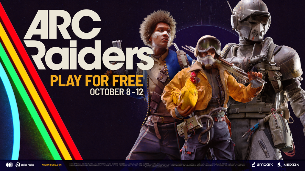 ภาพโปรโมต ARC Raiders เล่นฟรี 8–12 ตุลาคม พร้อมตัวละครสามคนและข้อความ Play for Free