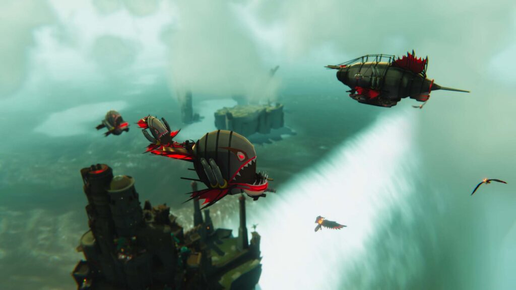 ฝูงเรือเหาะสีดำแต่งครีบสีแดงบินเหนือทะเลและหน้าผาน้ำตกในภาพ DLC Verne Bannerless