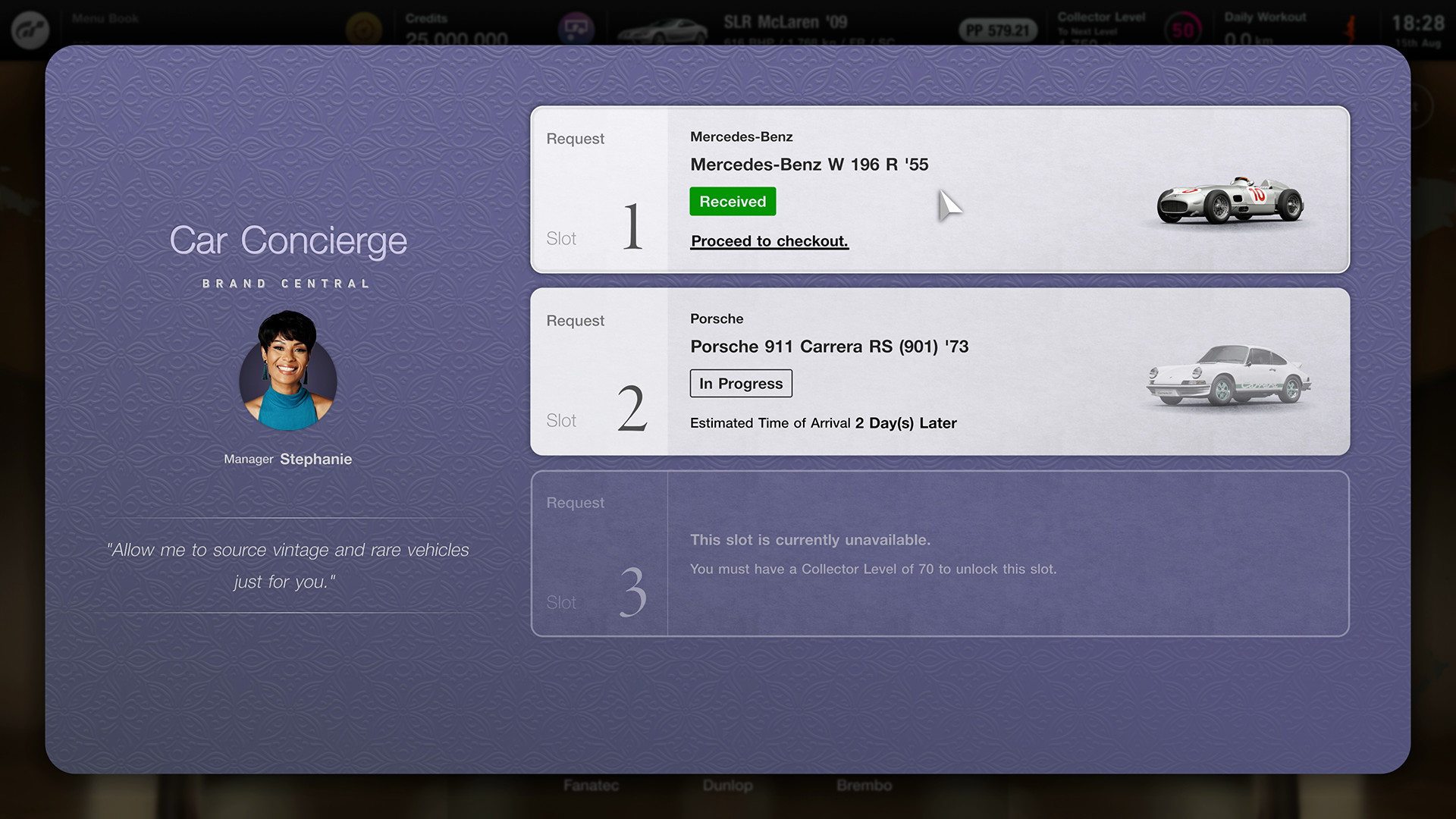 หน้าจอ Car Concierge แสดงรายการสั่งซื้อรถใน Gran Turismo 7
