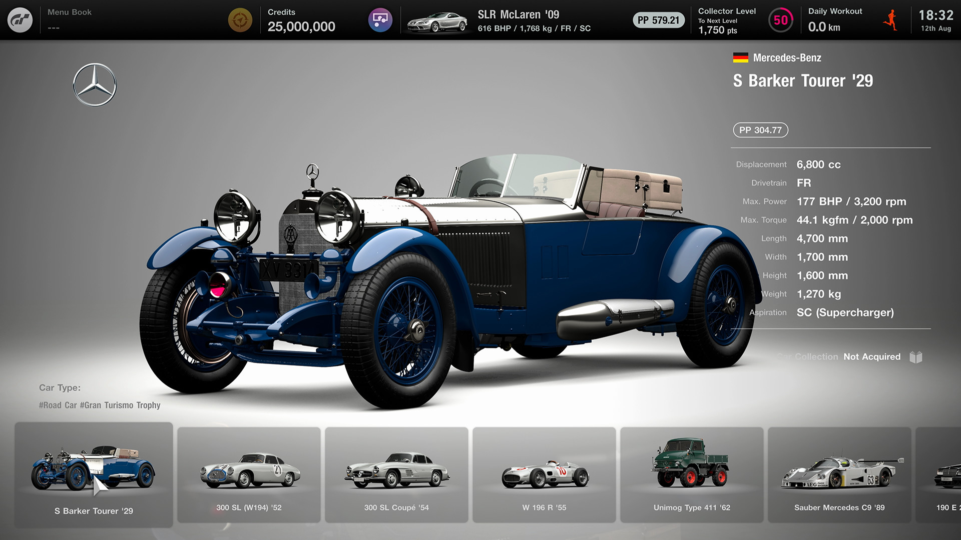 หน้าจอ Vintage แสดงรถ Mercedes-Benz คลาสสิกสีน้ำเงิน พร้อมข้อมูลรถและรายการรถรุ่นเก่าใน Gran Turismo 7