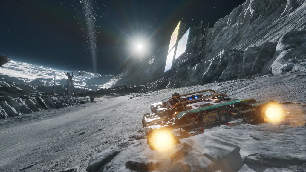 ยาน landspeeder เร่งเครื่องบนสนามแข่งพื้นผิวสีเทาท่ามกลางภูเขา