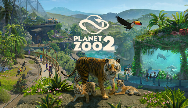 ภาพปกทางการ Planet Zoo 2 จาก Steam แสดงโลโก้เกม เสือ ทูแคน และสวนสัตว์
