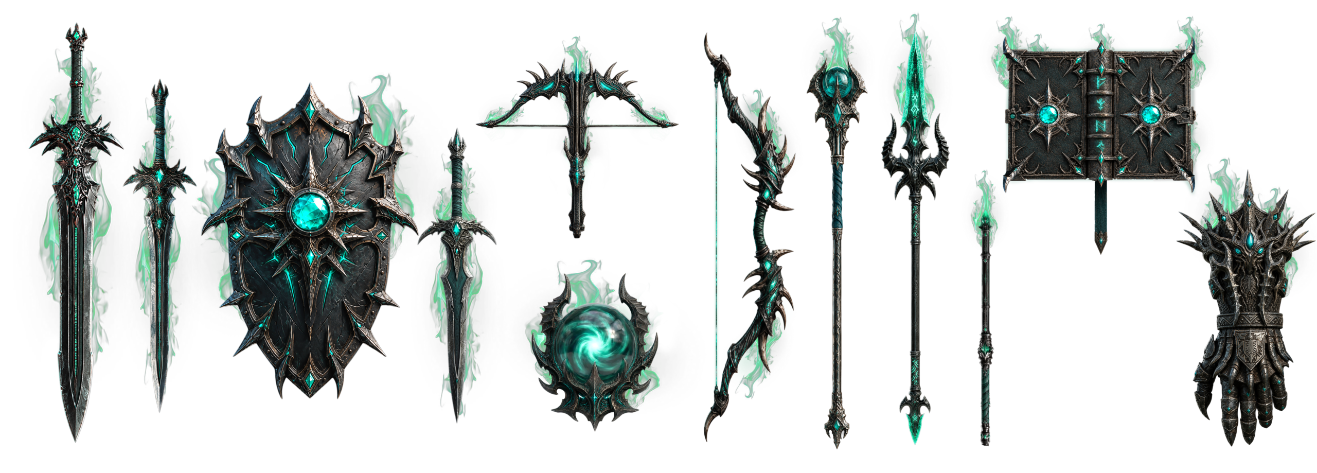 ชุดอาวุธ Eye of Chaos หลายประเภท ตกแต่งด้วยอัญมณีและพลังสีเขียว