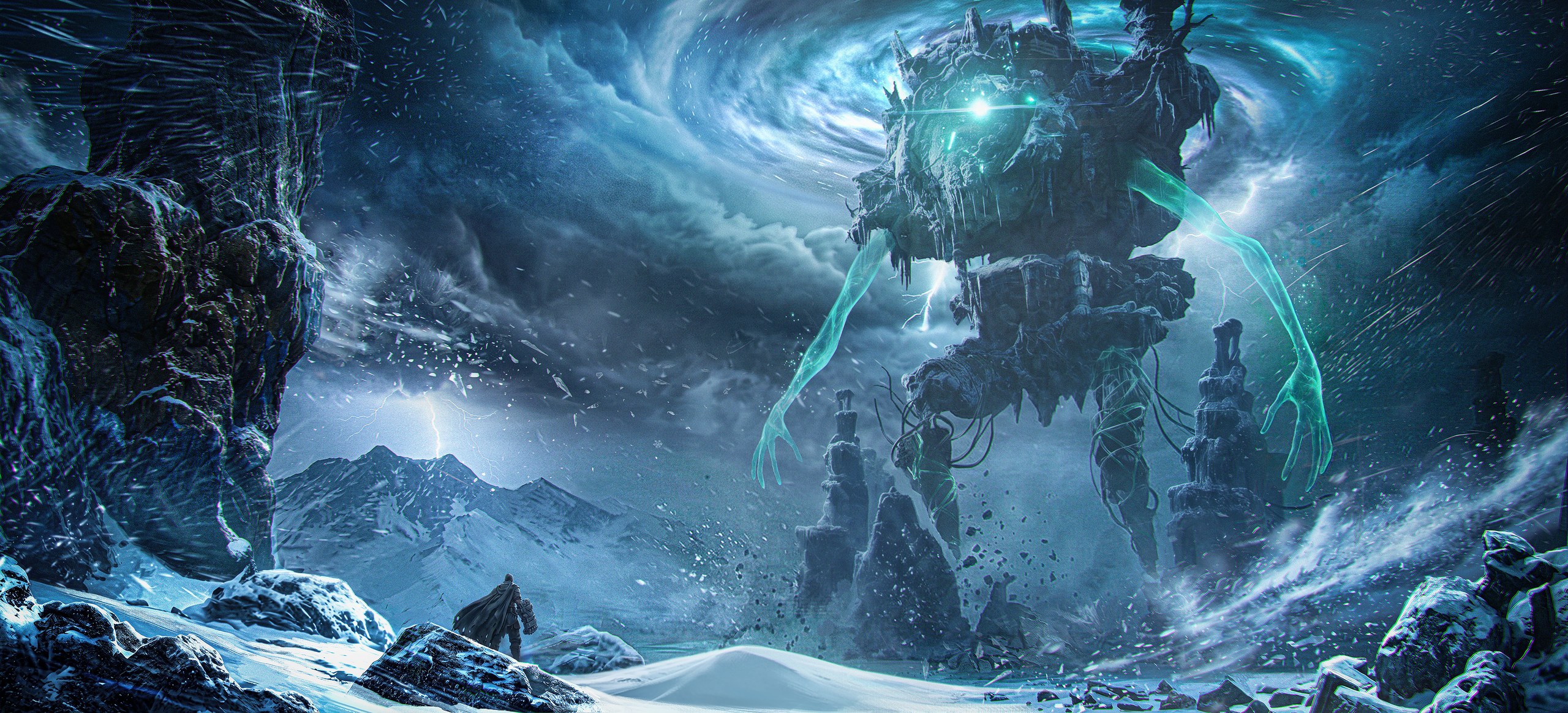 Colossus Vegamor ร่างหินขนาดมหึมาท่ามกลางพายุหิมะและแสงพลังสีเขียว
