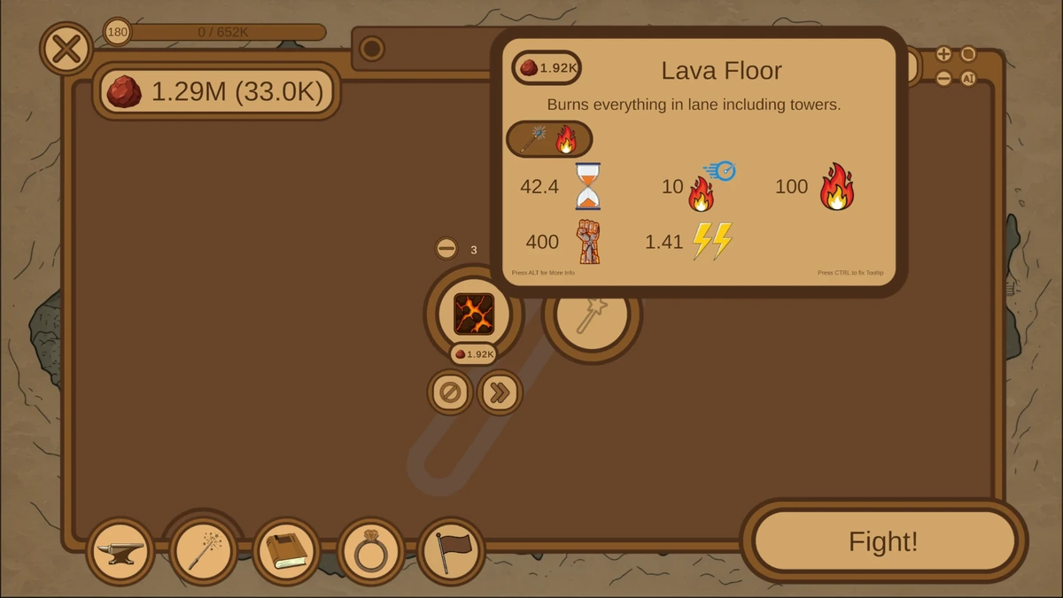หน้าต่างรายละเอียดเวทมนตร์ Lava Floor ก่อนเข้าสู้