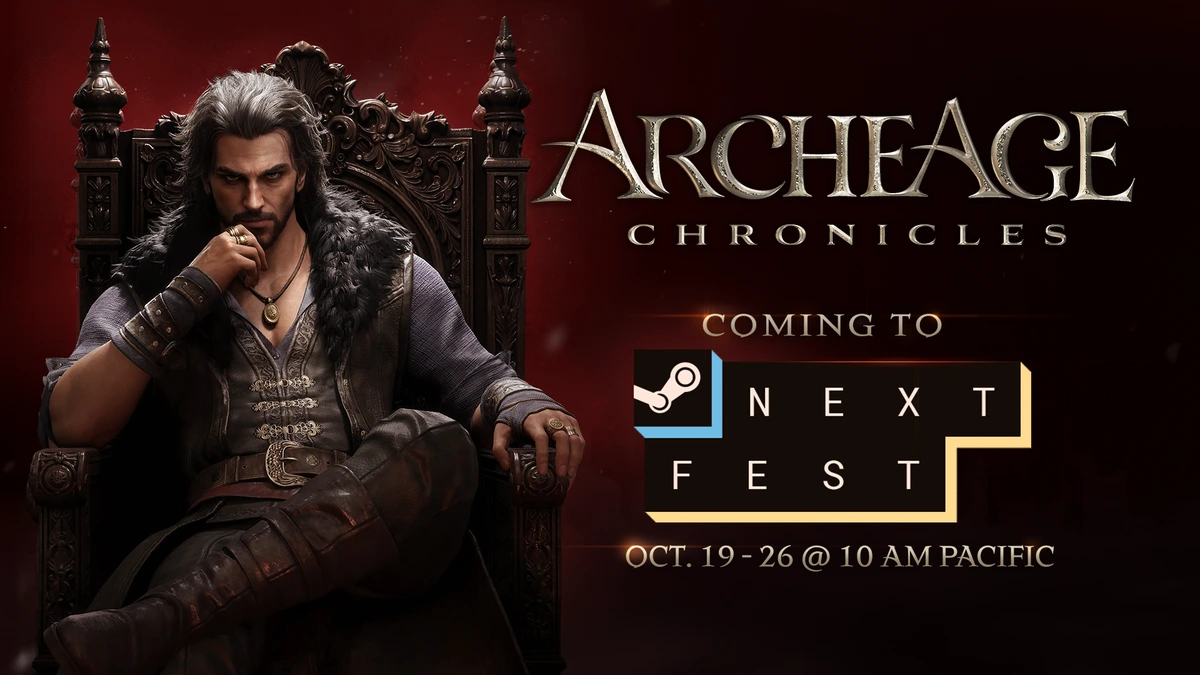โปสเตอร์ ArcheAge Chronicles มีชายผมหงอกนั่งบนบัลลังก์และข้อความ Steam Next Fest วันที่ 19–26 ตุลาคม เวลา Pacific