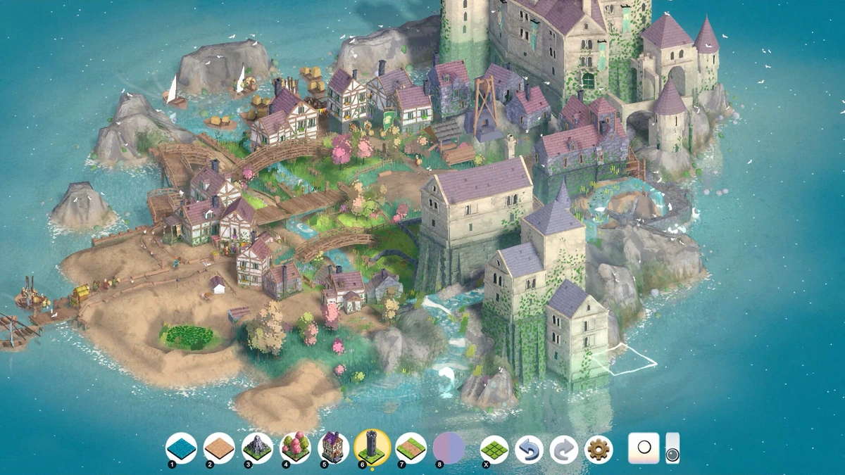 หมู่บ้านบนเกาะกับอาคารหินสูงและสะพานไม้ใน Brushland