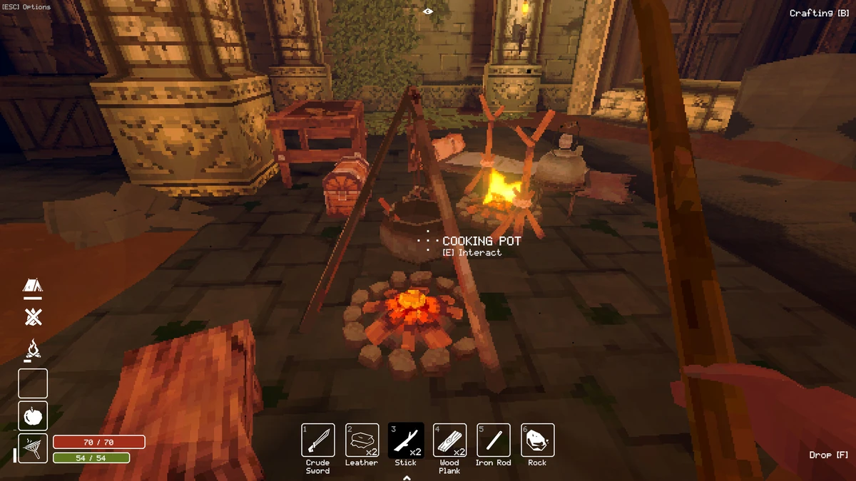 หม้อแขวนเหนือกองไฟในห้องหิน พร้อมข้อความ Cooking Pot และช่องไอเทม