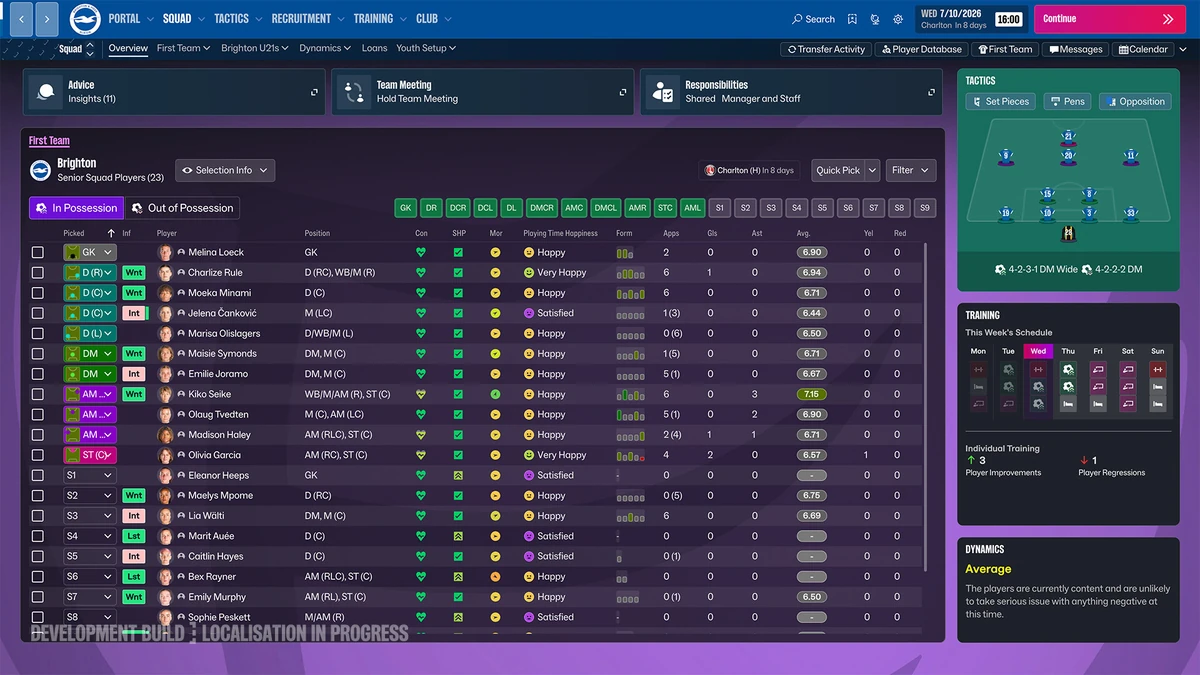 หน้าจอรายชื่อนักเตะและแผนการเล่นใน Football Manager 27