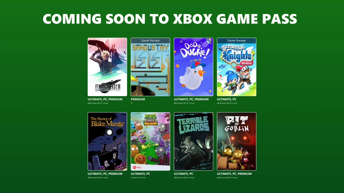 ภาพประชาสัมพันธ์ Xbox Game Pass แสดงปกเกมแปดเกมพร้อมชื่อแพ็กเกจสมาชิก